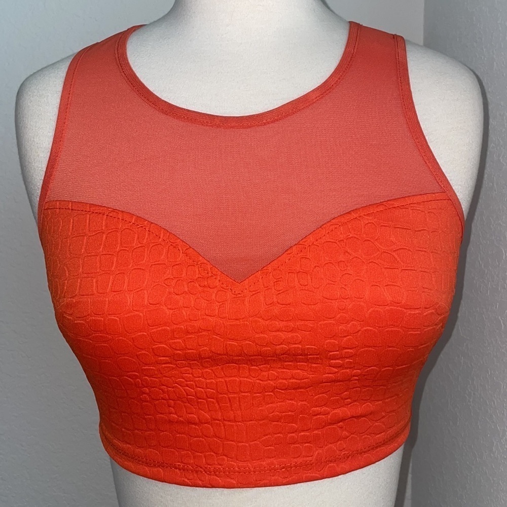 2B BEBE orange animal embossed sweetheart neck mesh crop top with keyhole in XS - Picture 3 of 11
